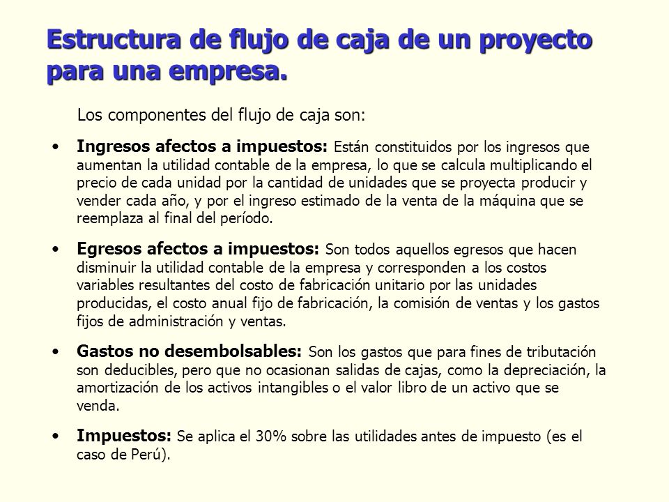 Estructura de flujo de caja de un proyecto para una empresa.