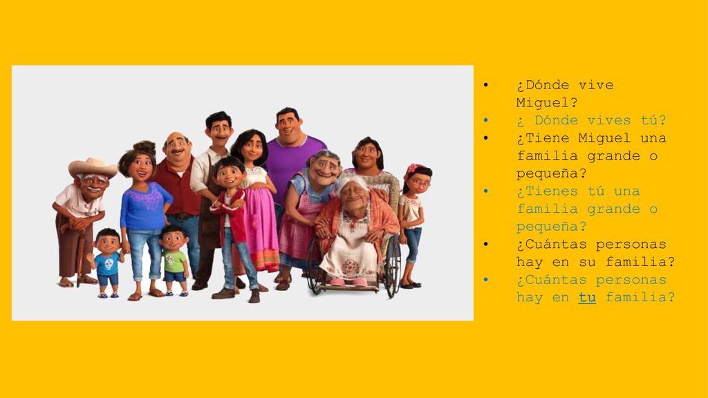 ¿Dónde vive Miguel ¿ Dónde vives tú ¿Tiene Miguel una familia grande o pequeña ¿Tienes tú una familia grande o pequeña