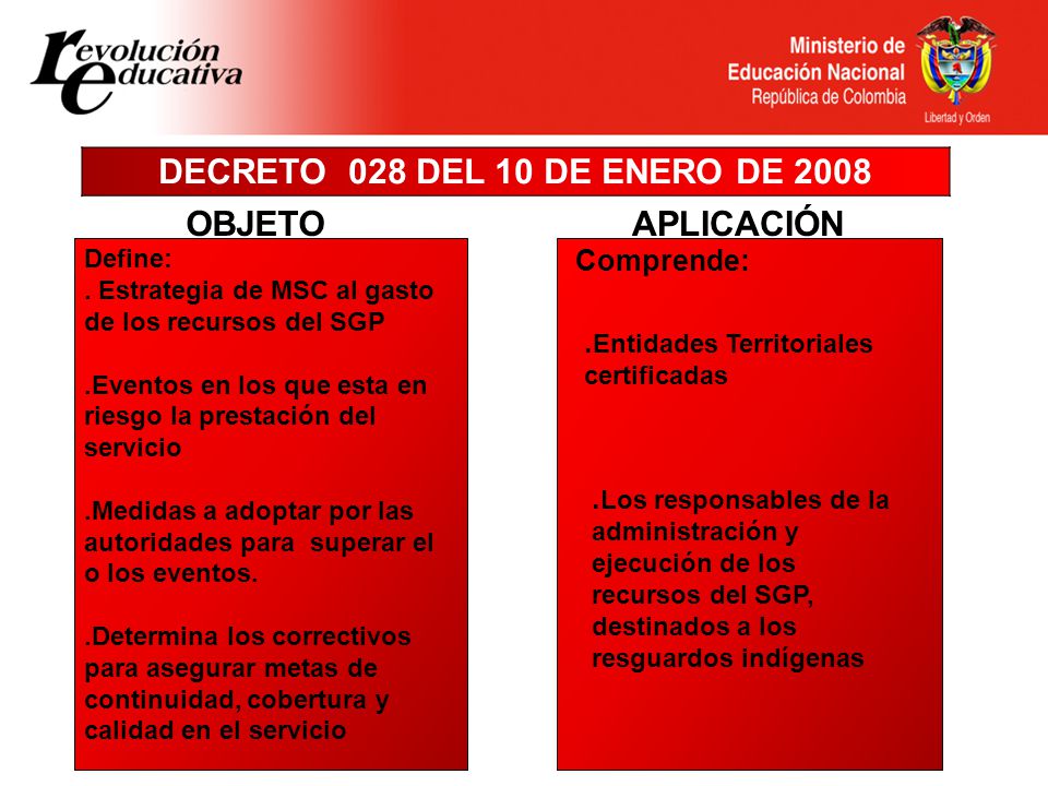 DECRETO 028 DEL 10 DE ENERO DE 2008 APLICACIÓN