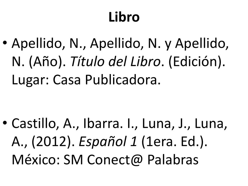 Libro Apellido, N., Apellido, N. y Apellido, N. (Año). Título del Libro. (Edición). Lugar: Casa Publicadora.