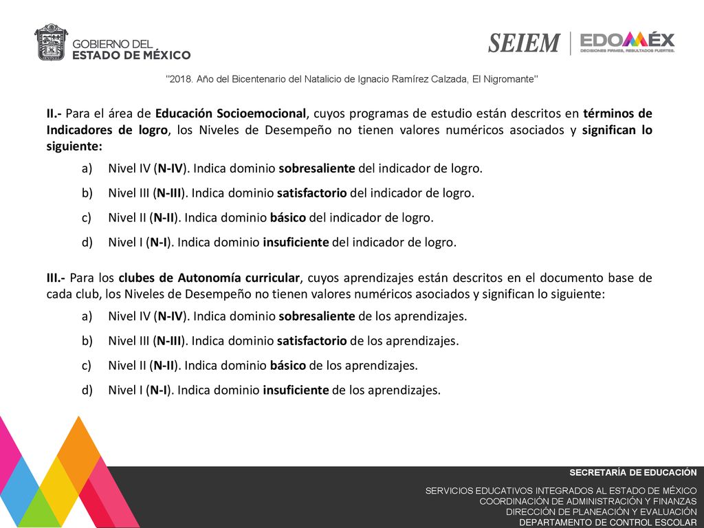 II.- Para el área de Educación Socioemocional, cuyos programas de estudio están descritos en términos de Indicadores de logro, los Niveles de Desempeño no tienen valores numéricos asociados y significan lo siguiente:
