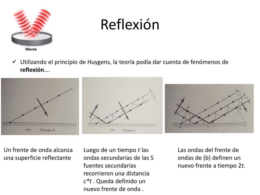 Reflexión Utilizando el principio de Huygens, la teoría podía dar cuenta de fenómenos de reflexión….