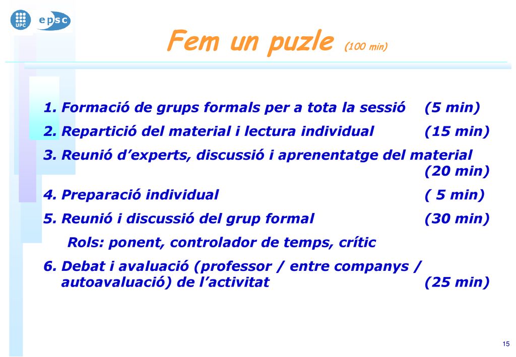 Fem un puzle (100 min) Formació de grups formals per a tota la sessió (5 min) Repartició del material i lectura individual (15 min)