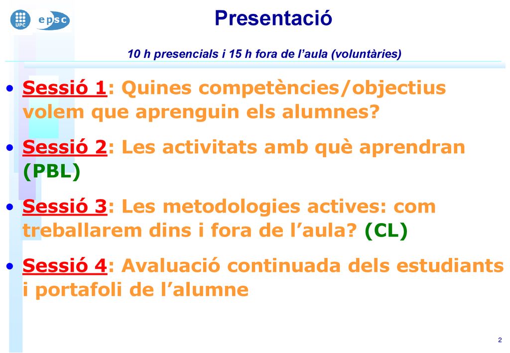 10 h presencials i 15 h fora de l’aula (voluntàries)