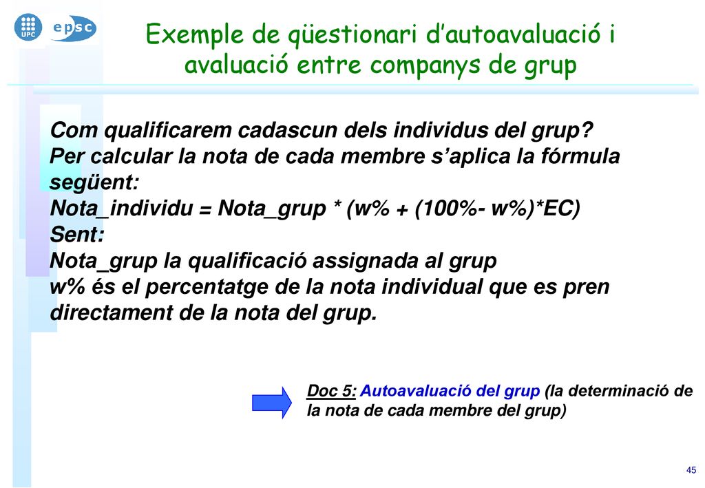 Exemple de qüestionari d’autoavaluació i avaluació entre companys de grup