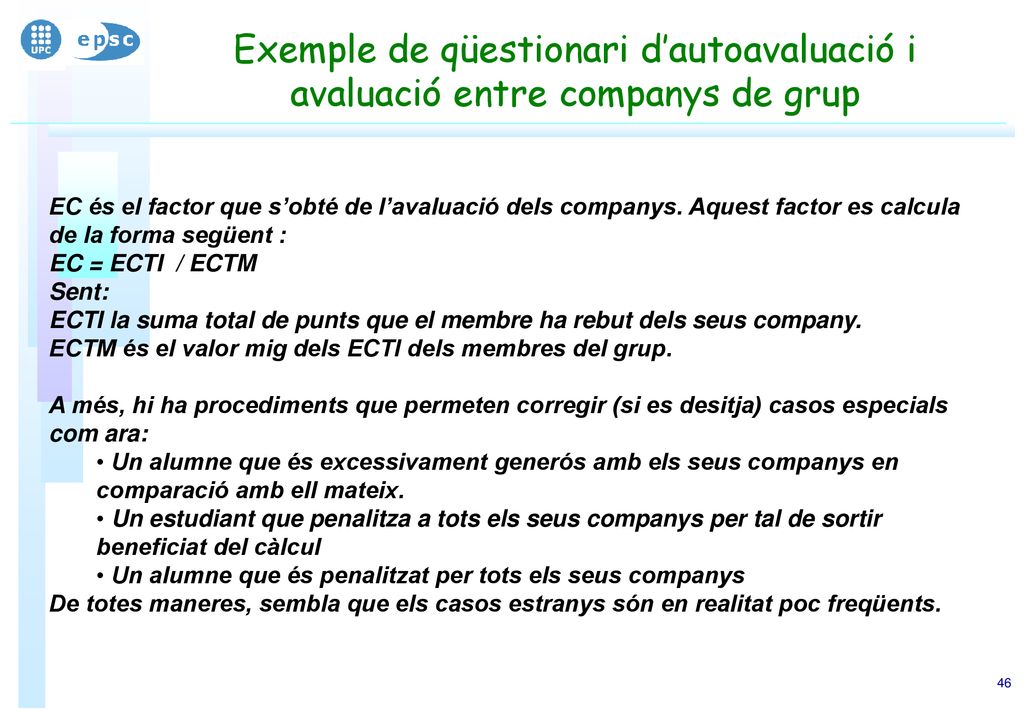 Exemple de qüestionari d’autoavaluació i avaluació entre companys de grup