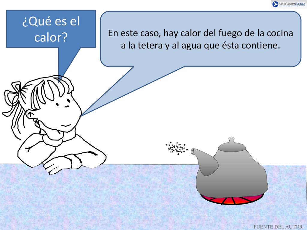 ¿Qué es el calor En este caso, hay calor del fuego de la cocina a la tetera y al agua que ésta contiene.