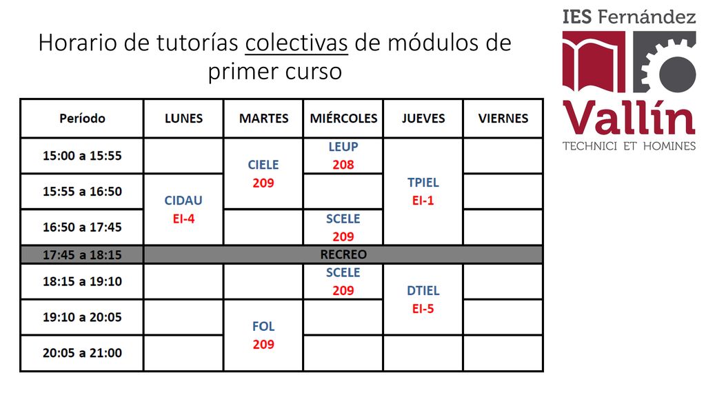 Horario de tutorías colectivas de módulos de primer curso