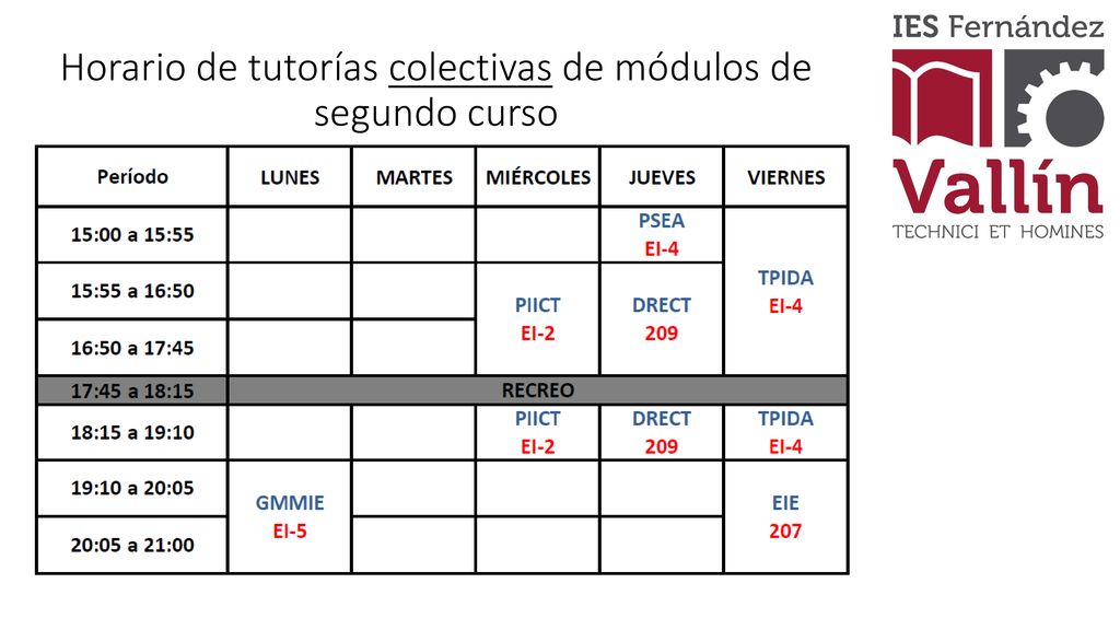 Horario de tutorías colectivas de módulos de segundo curso