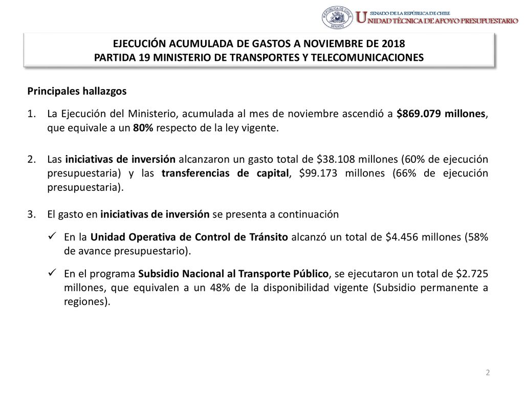 EJECUCIÓN ACUMULADA DE GASTOS A NOVIEMBRE DE 2018 PARTIDA 19 MINISTERIO DE TRANSPORTES Y TELECOMUNICACIONES