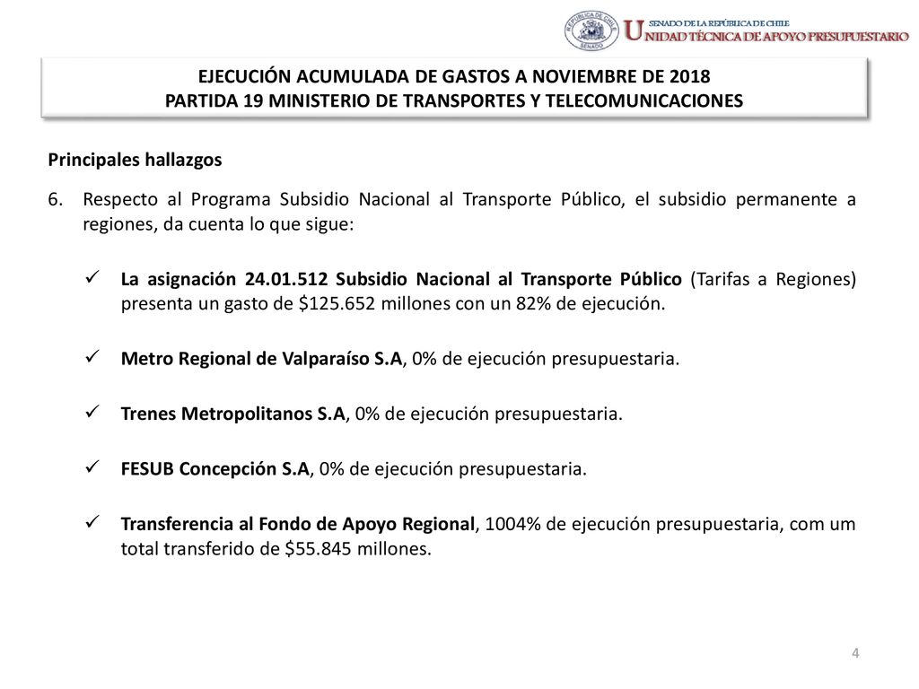 EJECUCIÓN ACUMULADA DE GASTOS A NOVIEMBRE DE 2018 PARTIDA 19 MINISTERIO DE TRANSPORTES Y TELECOMUNICACIONES