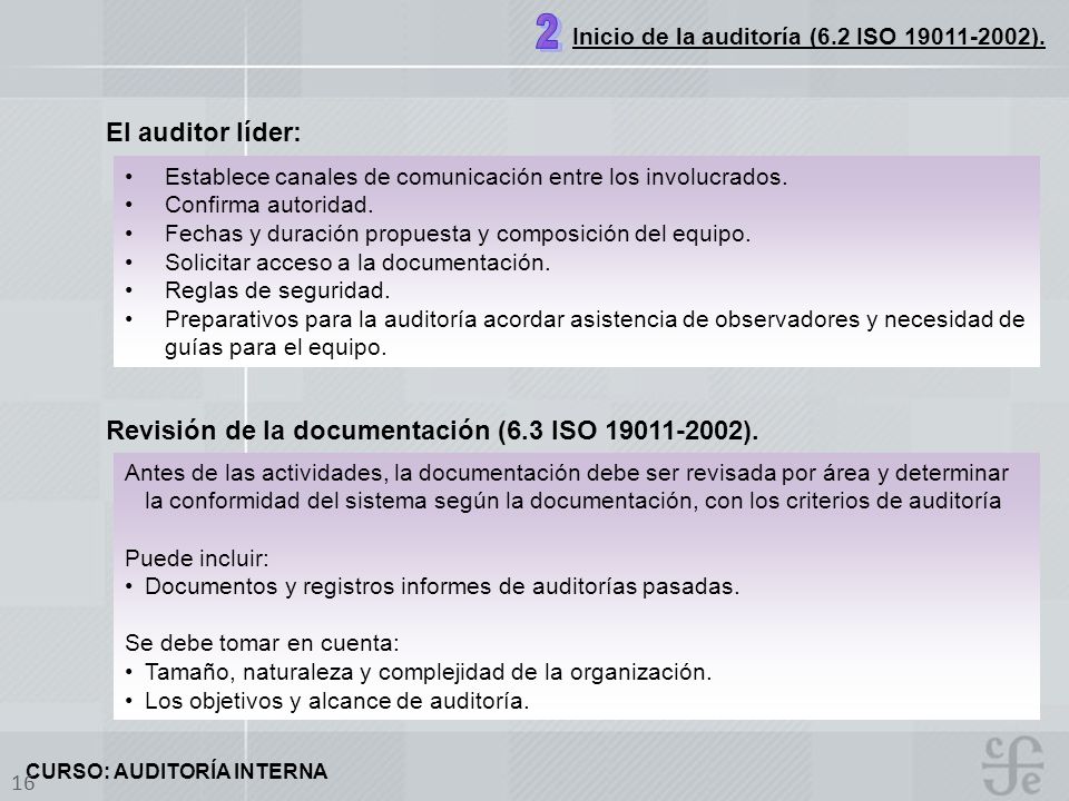 2 El auditor líder: Revisión de la documentación (6.3 ISO ).