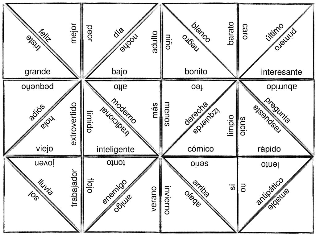 día blanco. caro. último. mejor. peor. barato. feliz. primero. triste. adulto. niño. noche.