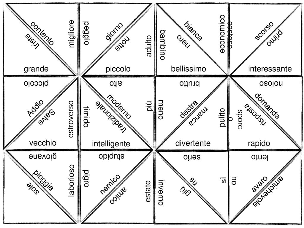 giorno bianca. costoso. scorso. contento. migliore. peggio. economico. primo. triste. nero.