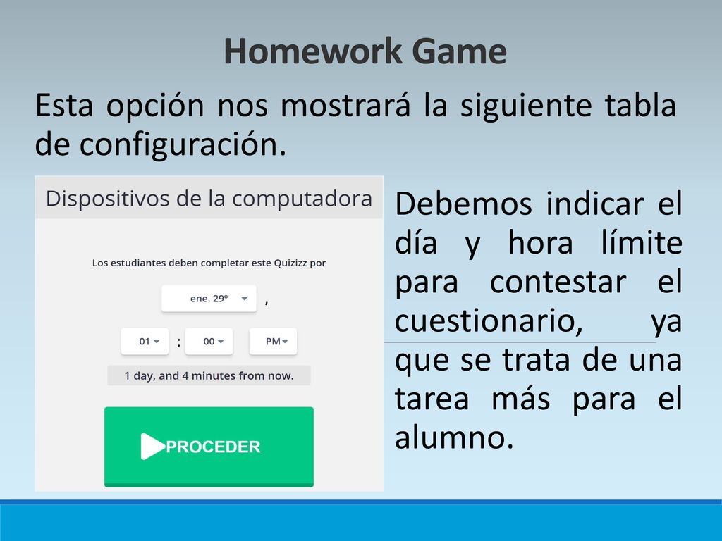Homework Game Esta opción nos mostrará la siguiente tabla de configuración.