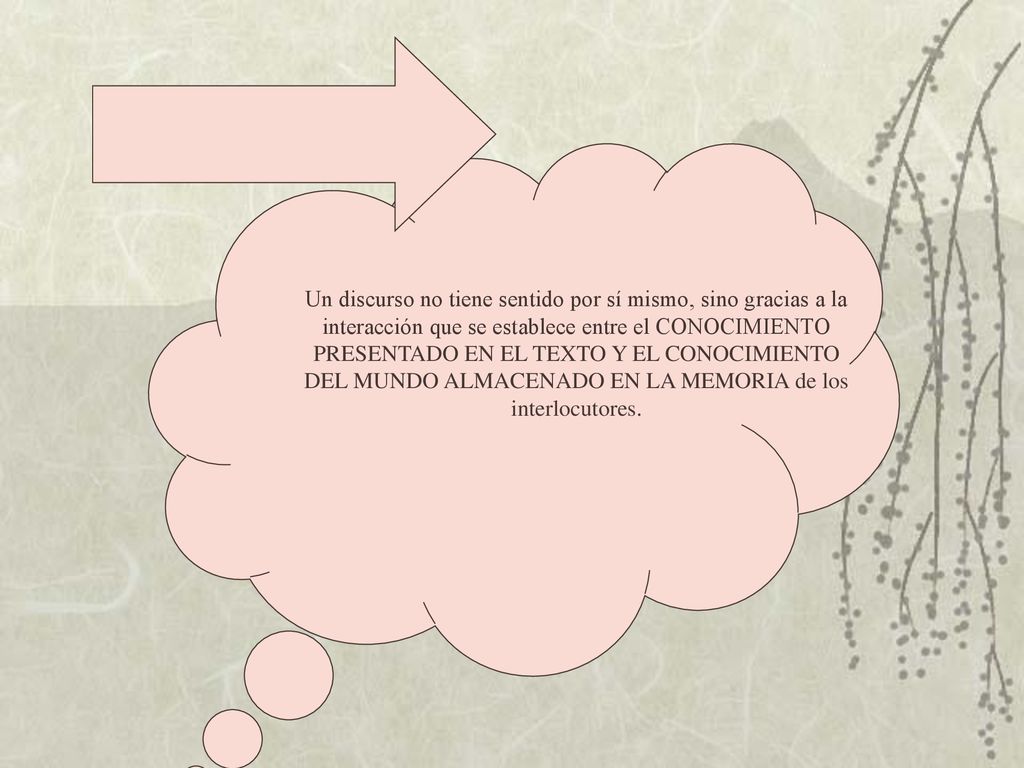 Un discurso no tiene sentido por sí mismo, sino gracias a la interacción que se establece entre el CONOCIMIENTO PRESENTADO EN EL TEXTO Y EL CONOCIMIENTO DEL MUNDO ALMACENADO EN LA MEMORIA de los interlocutores.