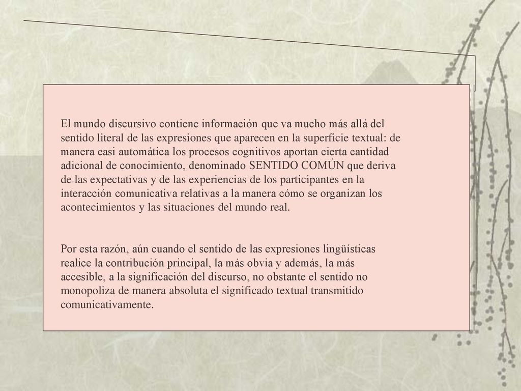 El mundo discursivo contiene información que va mucho más allá del sentido literal de las expresiones que aparecen en la superficie textual: de manera casi automática los procesos cognitivos aportan cierta cantidad adicional de conocimiento, denominado SENTIDO COMÚN que deriva de las expectativas y de las experiencias de los participantes en la interacción comunicativa relativas a la manera cómo se organizan los acontecimientos y las situaciones del mundo real.