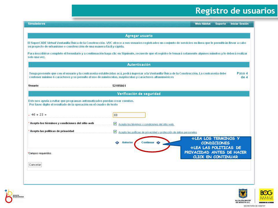 Registro de usuarios LEA LOS TERMINOS Y CONDICIONES