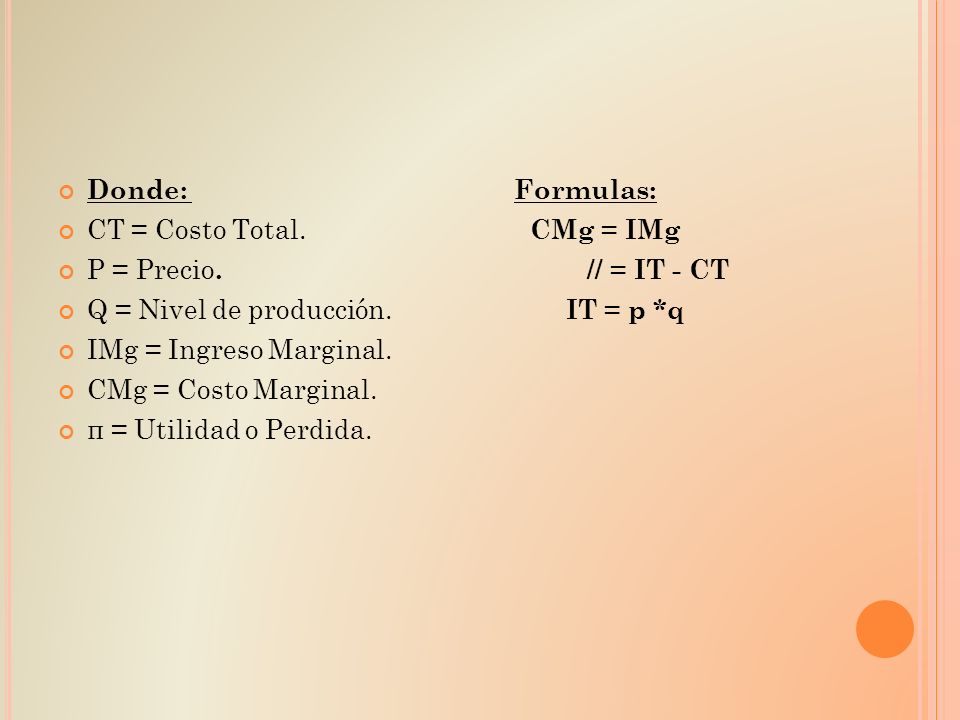 Donde: Formulas: CT = Costo Total. CMg = IMg.