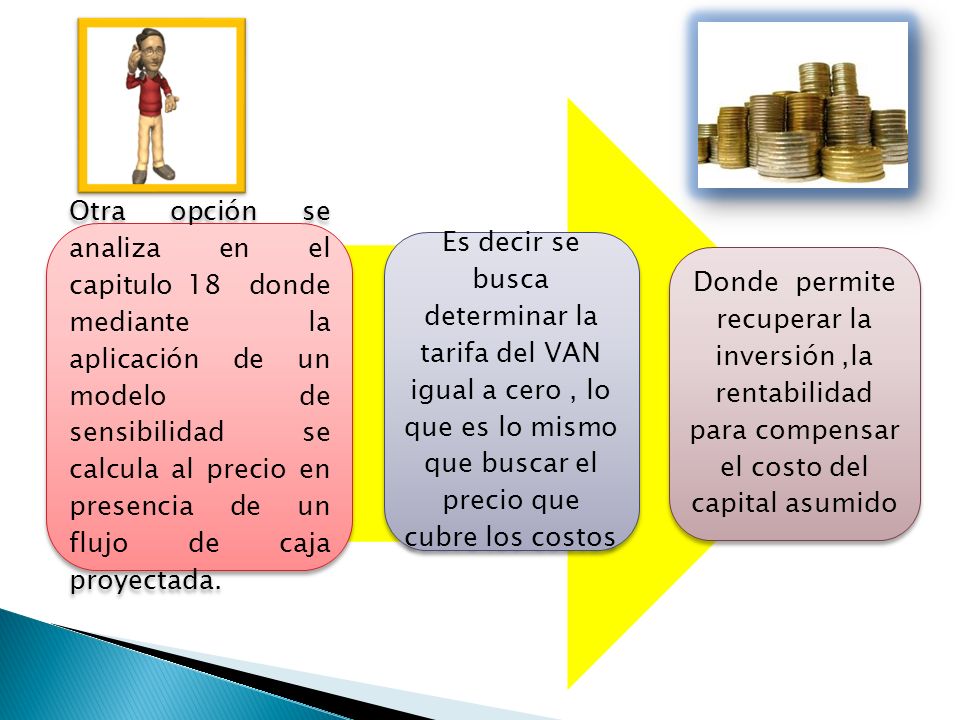 Otra opción se analiza en el capitulo 18 donde mediante la aplicación de un modelo de sensibilidad se calcula al precio en presencia de un flujo de caja proyectada.
