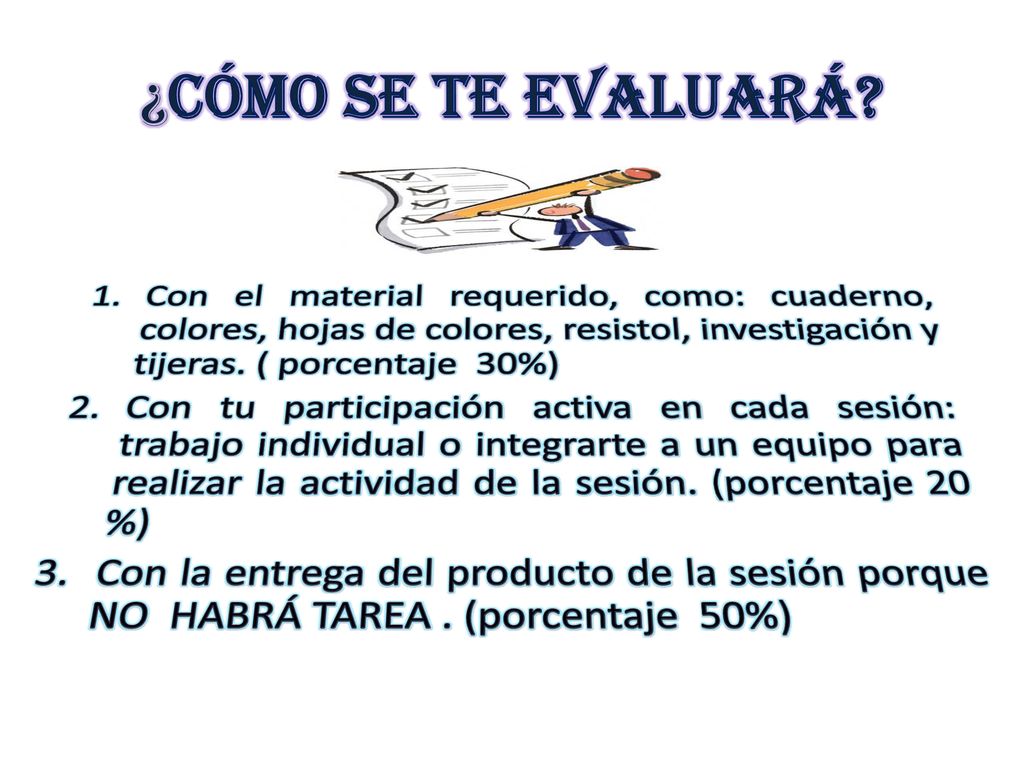 ¿cómo se te evaluará Con el material requerido, como: cuaderno, colores, hojas de colores, resistol, investigación y tijeras. ( porcentaje 30%)