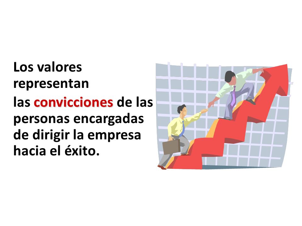 Valores Los valores representan las convicciones de las personas encargadas de dirigir la empresa hacia el éxito.