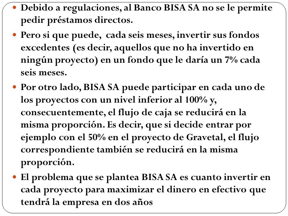 Debido a regulaciones, al Banco BISA SA no se le permite pedir préstamos directos.