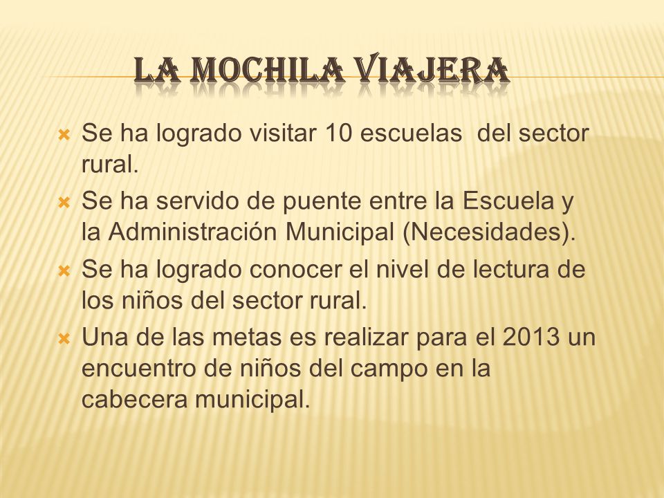 LA MOCHILA VIAJERA Se ha logrado visitar 10 escuelas del sector rural.