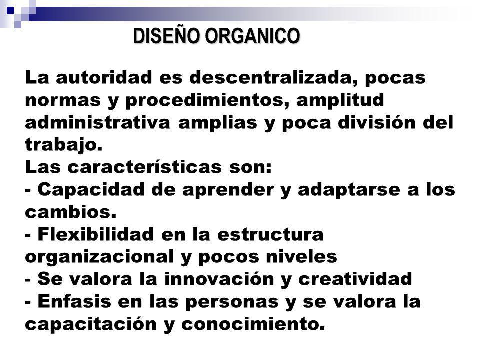 DISEÑO ORGANICO La autoridad es descentralizada, pocas normas y procedimientos, amplitud administrativa amplias y poca división del trabajo.