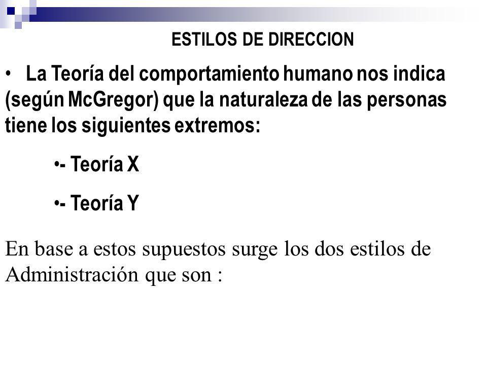 ESTILOS DE DIRECCION La Teoría del comportamiento humano nos indica (según McGregor) que la naturaleza de las personas tiene los siguientes extremos: