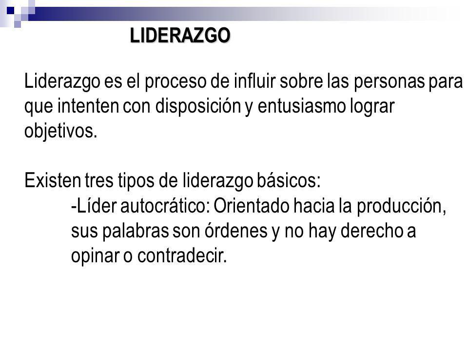 LIDERAZGO Liderazgo es el proceso de influir sobre las personas para que intenten con disposición y entusiasmo lograr objetivos.
