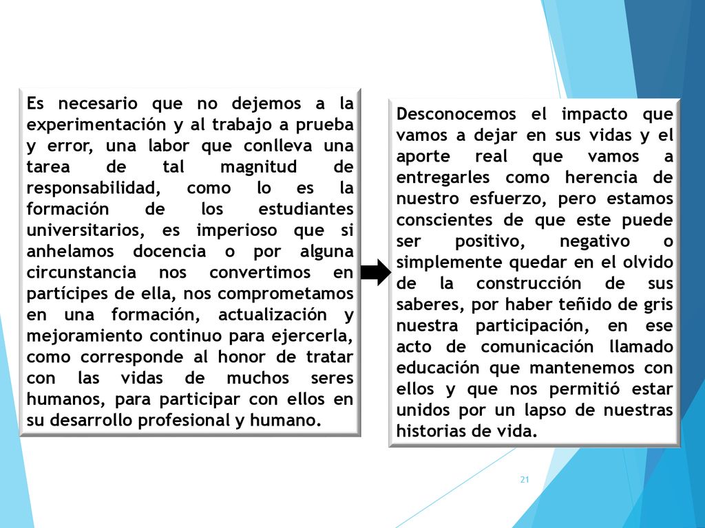 Es necesario que no dejemos a la experimentación y al trabajo a prueba y error, una labor que conlleva una tarea de tal magnitud de responsabilidad, como lo es la formación de los estudiantes universitarios, es imperioso que si anhelamos docencia o por alguna circunstancia nos convertimos en partícipes de ella, nos comprometamos en una formación, actualización y mejoramiento continuo para ejercerla, como corresponde al honor de tratar con las vidas de muchos seres humanos, para participar con ellos en su desarrollo profesional y humano.