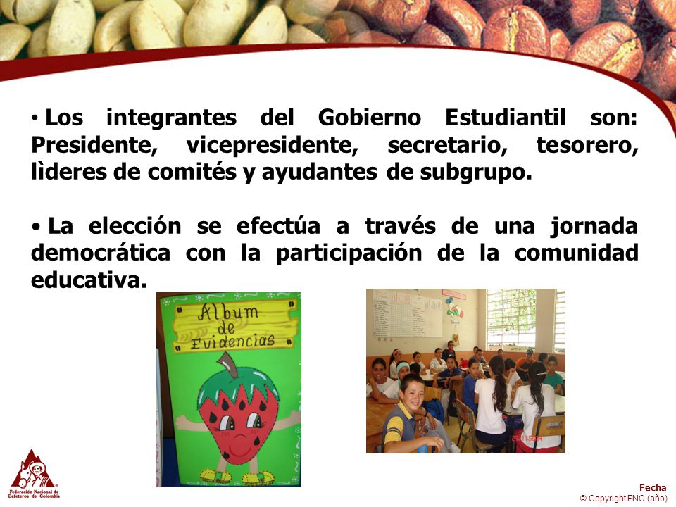 Los integrantes del Gobierno Estudiantil son: Presidente, vicepresidente, secretario, tesorero, lìderes de comités y ayudantes de subgrupo.