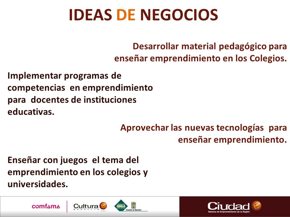 IDEAS DE NEGOCIOS Desarrollar material pedagógico para enseñar emprendimiento en los Colegios.