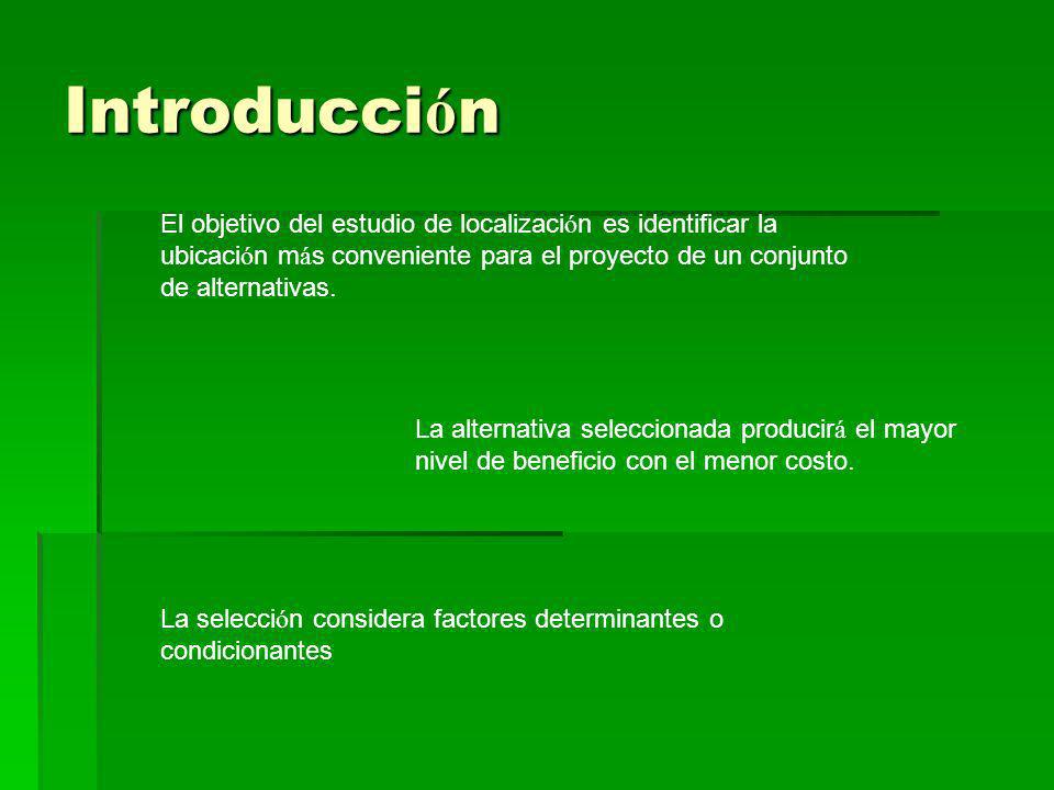 Introducción El objetivo del estudio de localización es identificar la ubicación más conveniente para el proyecto de un conjunto de alternativas.