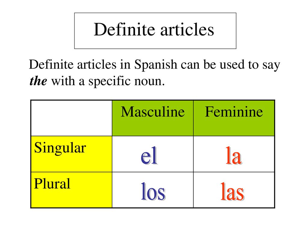 Definite articles Masculine Feminine Singular Plural el la los las