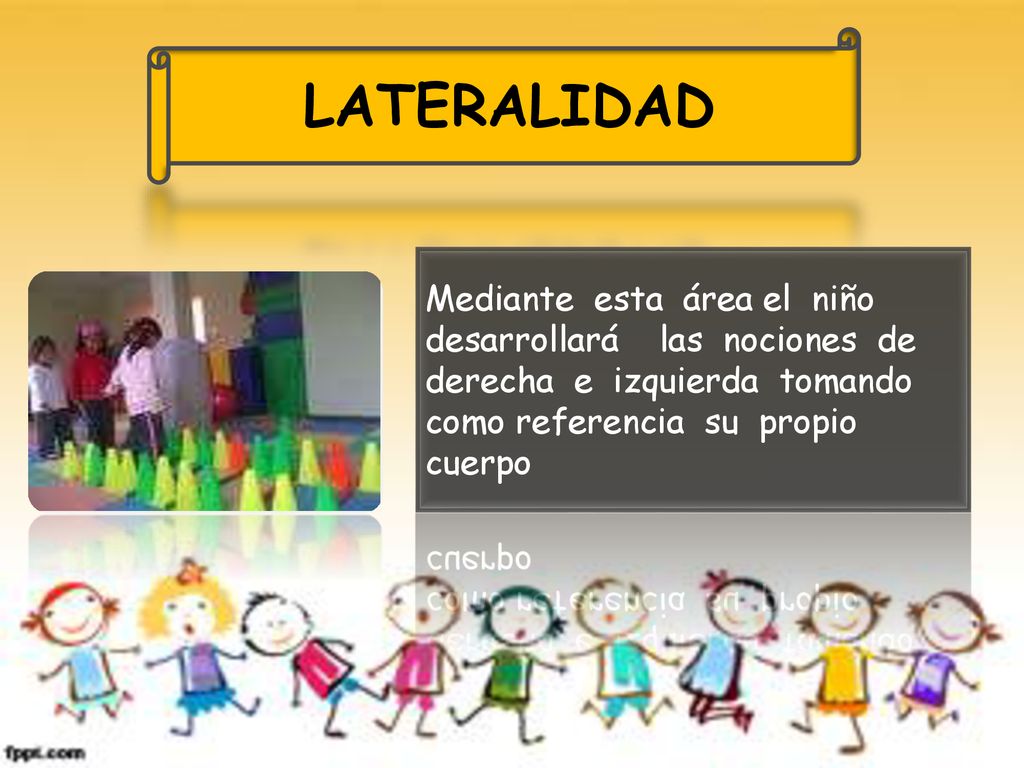 LATERALIDAD Mediante esta área el niño desarrollará las nociones de derecha e izquierda tomando como referencia su propio cuerpo.