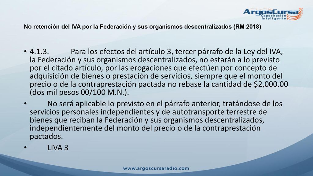 No retención del IVA por la Federación y sus organismos descentralizados (RM 2018)