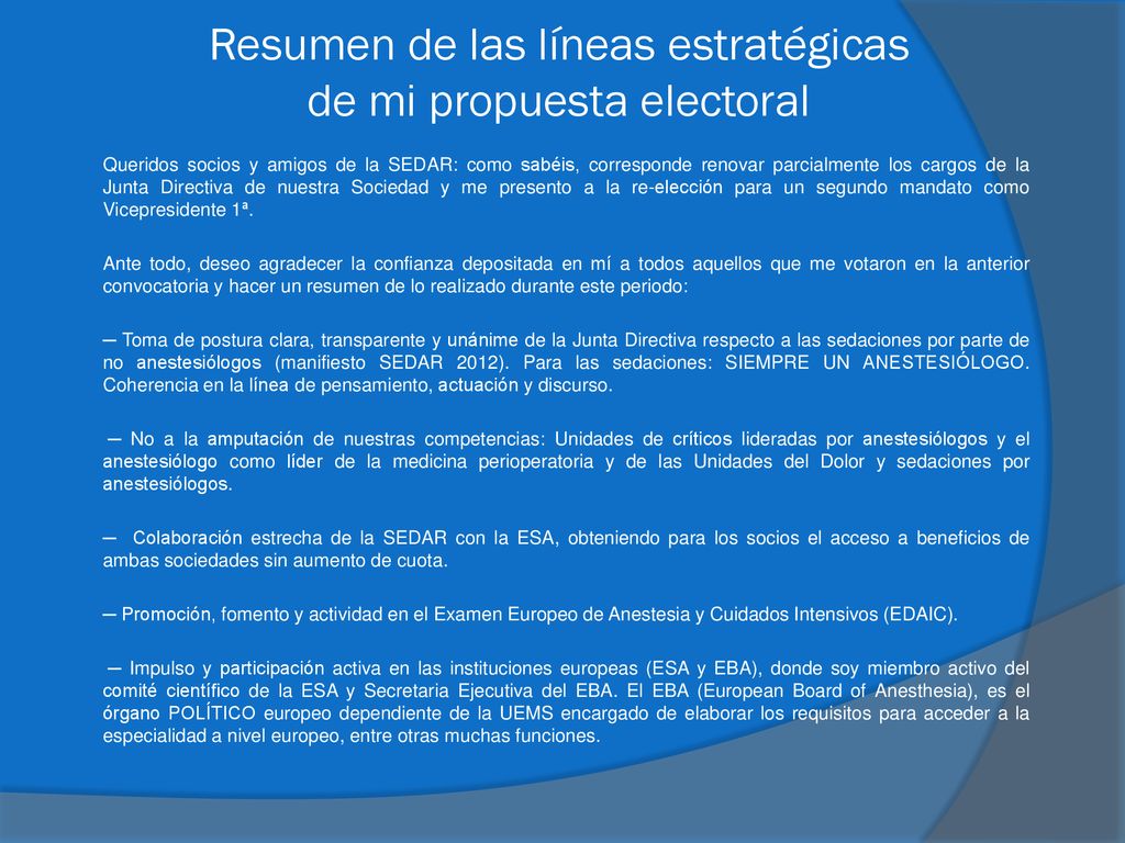 Resumen de las líneas estratégicas de mi propuesta electoral