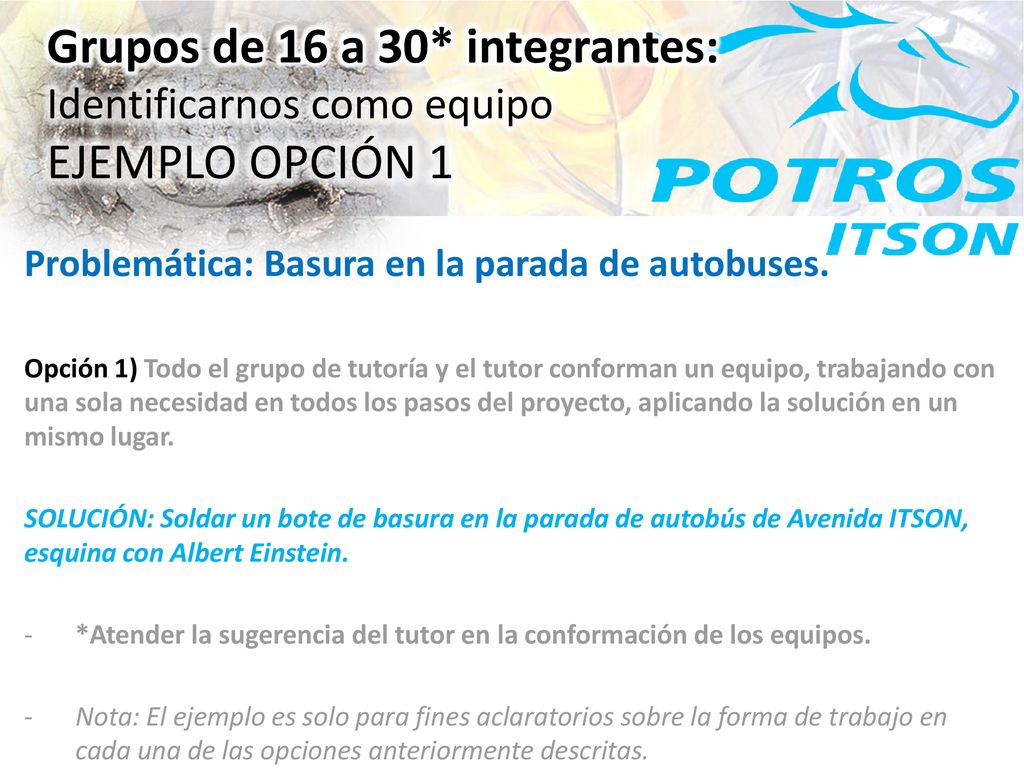 Grupos de 16 a 30* integrantes: Identificarnos como equipo EJEMPLO OPCIÓN 1