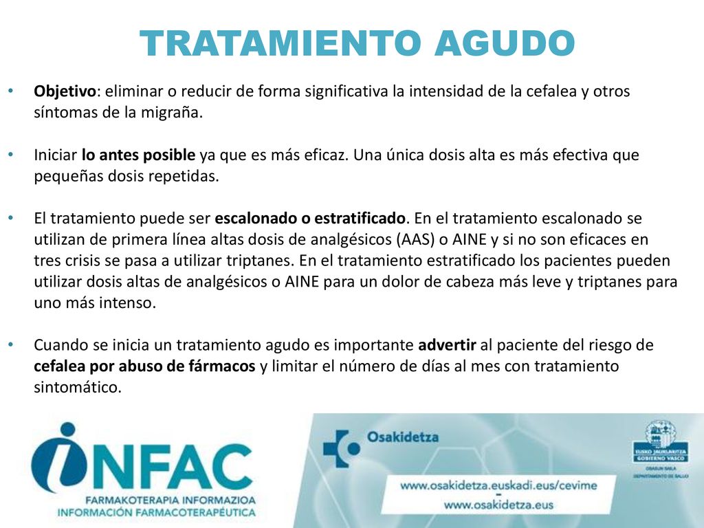 TRATAMIENTO AGUDO Objetivo: eliminar o reducir de forma significativa la intensidad de la cefalea y otros síntomas de la migraña.