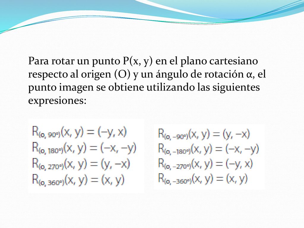 Para rotar un punto P(x, y) en el plano cartesiano respecto al origen (O) y un ángulo de rotación α, el punto imagen se obtiene utilizando las siguientes expresiones: