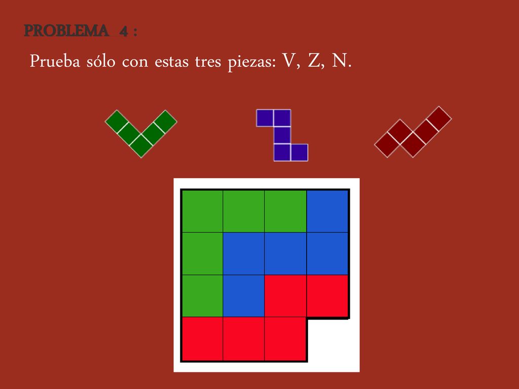 PROBLEMA 4 : Prueba sólo con estas tres piezas: V, Z, N.