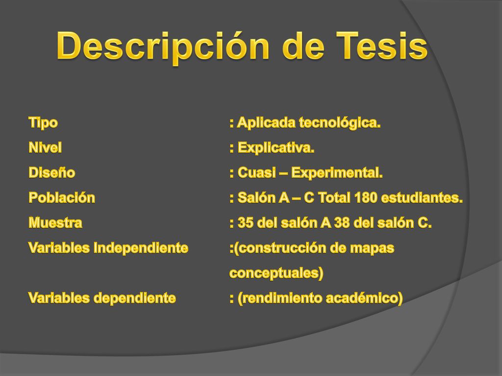 Descripción de Tesis Tipo : Aplicada tecnológica. Nivel : Explicativa.