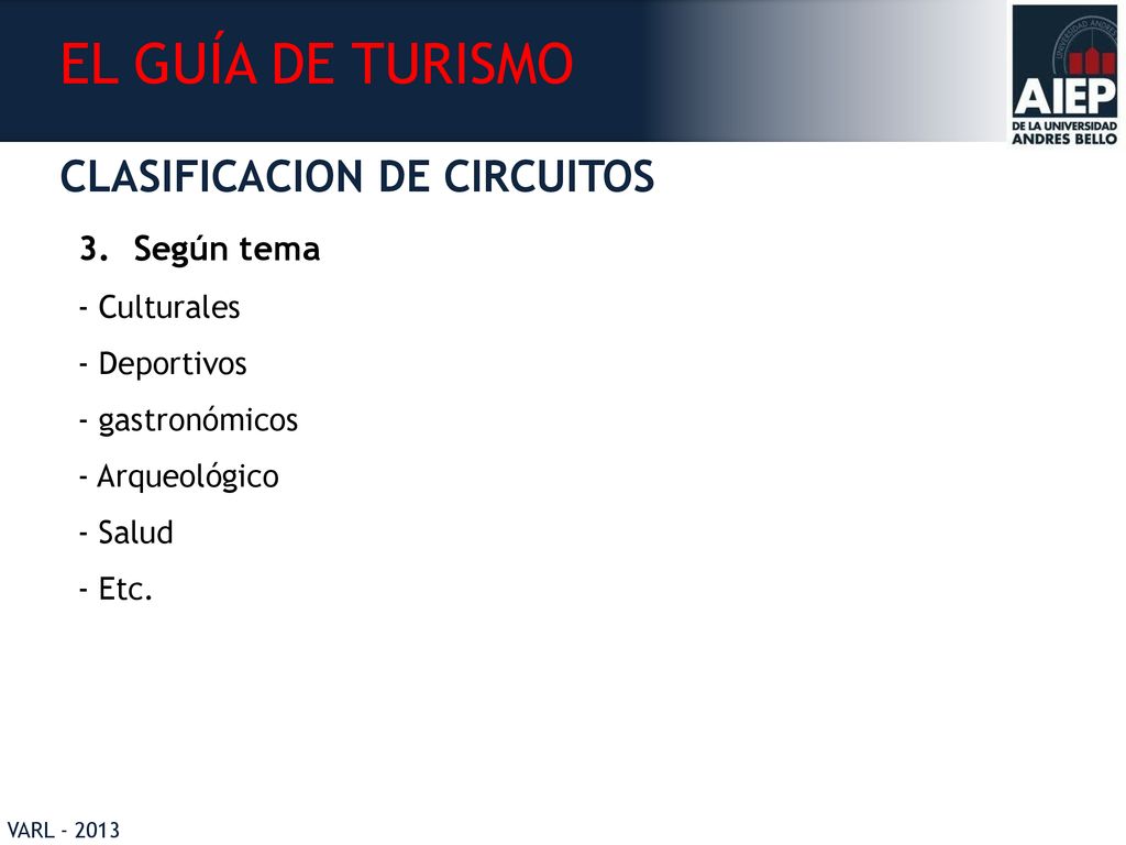 EL GUÍA DE TURISMO CLASIFICACION DE CIRCUITOS Según tema - Culturales