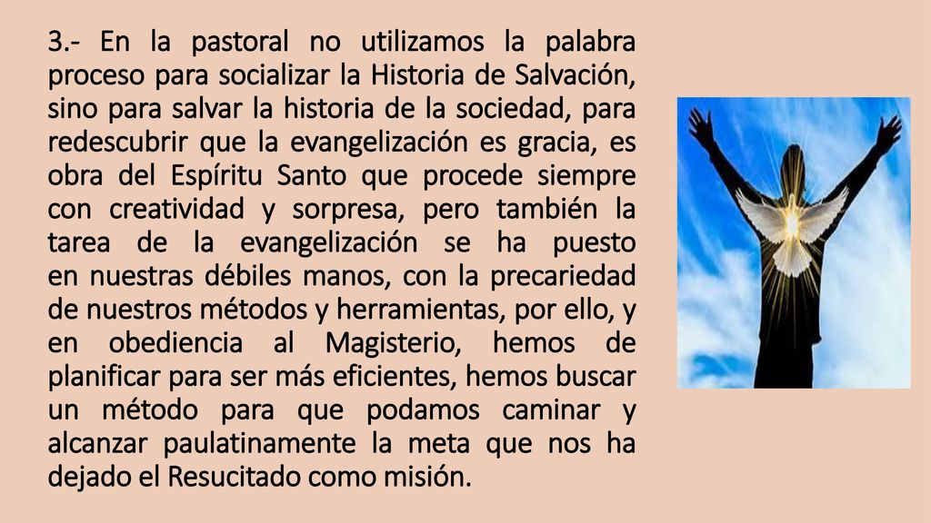 3.- En la pastoral no utilizamos la palabra proceso para socializar la Historia de Salvación, sino para salvar la historia de la sociedad, para redescubrir que la evangelización es gracia, es obra del Espíritu Santo que procede siempre con creatividad y sorpresa, pero también la tarea de la evangelización se ha puesto en nuestras débiles manos, con la precariedad de nuestros métodos y herramientas, por ello, y en obediencia al Magisterio, hemos de planificar para ser más eficientes, hemos buscar un método para que podamos caminar y alcanzar paulatinamente la meta que nos ha dejado el Resucitado como misión.