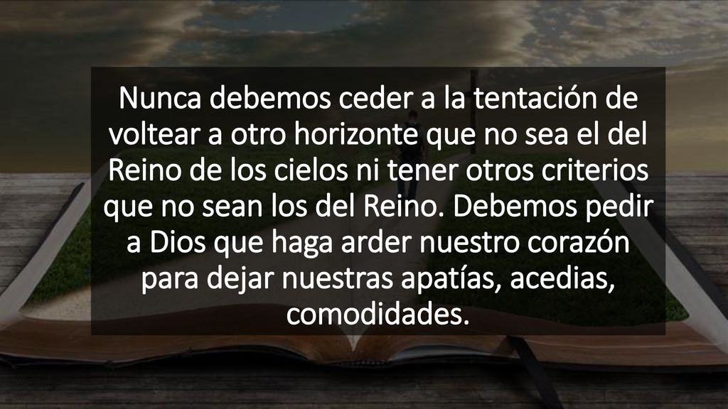 Nunca debemos ceder a la tentación de voltear a otro horizonte que no sea el del Reino de los cielos ni tener otros criterios que no sean los del Reino.