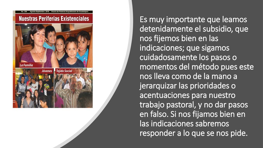Es muy importante que leamos detenidamente el subsidio, que nos fijemos bien en las indicaciones; que sigamos cuidadosamente los pasos o momentos del método pues este nos lleva como de la mano a jerarquizar las prioridades o acentuaciones para nuestro trabajo pastoral, y no dar pasos en falso.