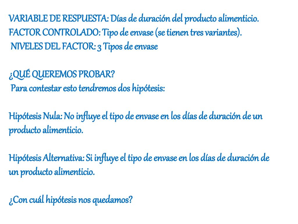 VARIABLE DE RESPUESTA: Días de duración del producto alimenticio.