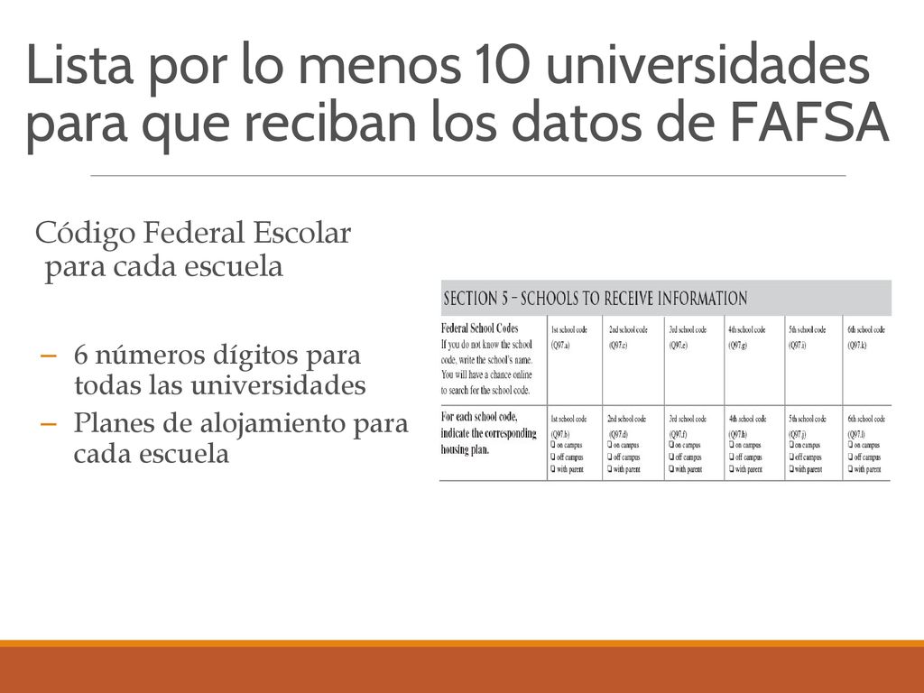Lista por lo menos 10 universidades para que reciban los datos de FAFSA